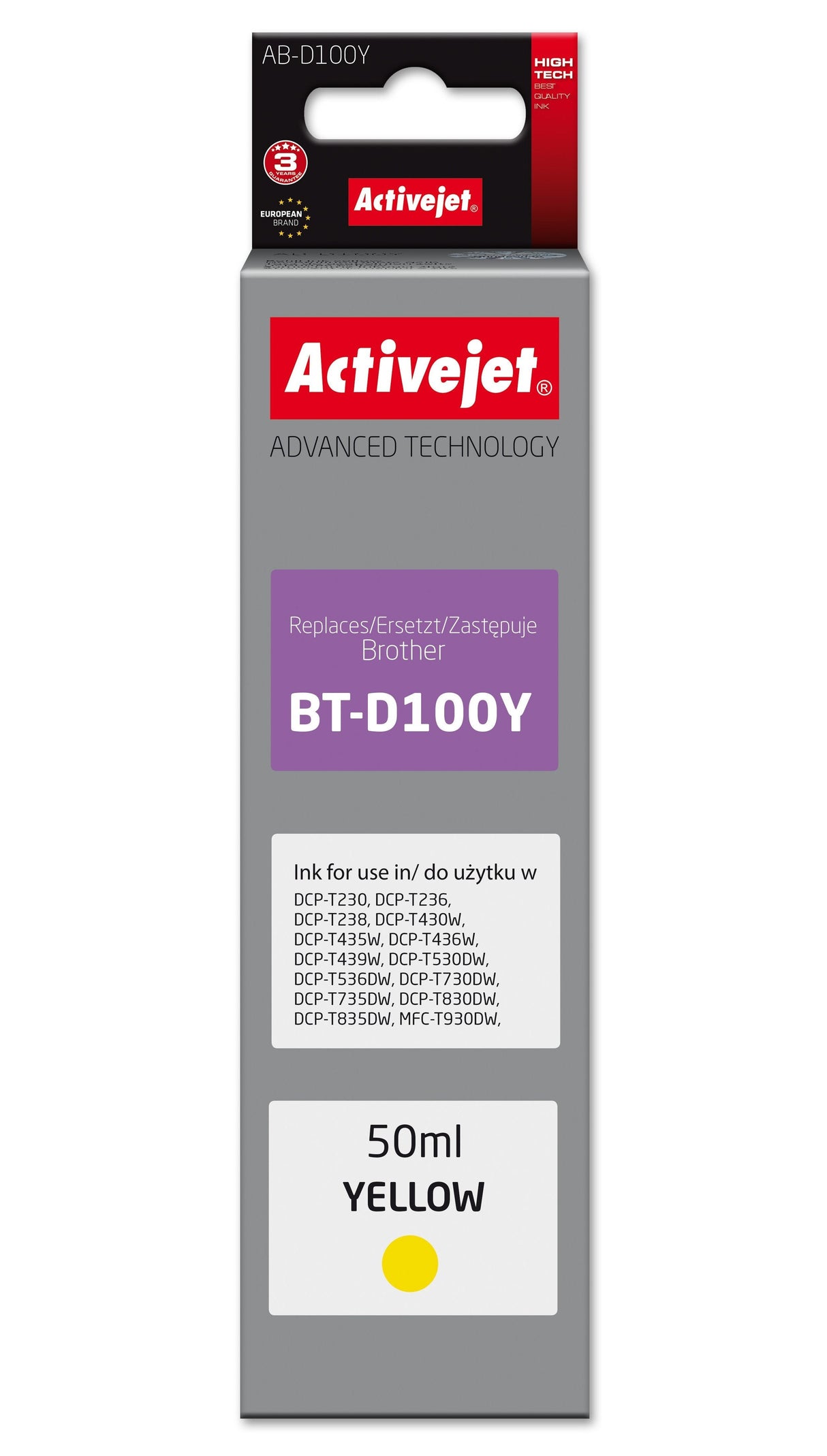 Activejet Ab-D100y Cartucho De Tinta Para Impresora Brother, Sustituto Del Brother Bt-D100y; Supreme; 50 Ml; Amarillo