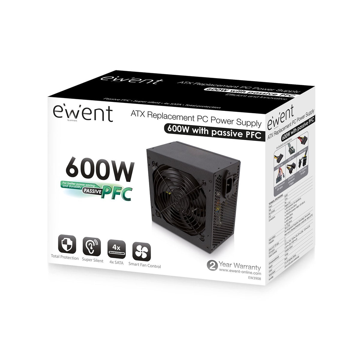 Fuente De Alimentacion Ewent 600w Ew3908 Pfc-Activo 4sata 12cm Atx