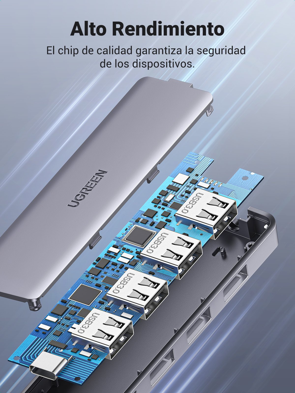 Hub  Ugreen 50985 De Interfaz Usb 3.2 Gen 1 (3.1 Gen 1) Type-A 5000 Mbit/S Plata