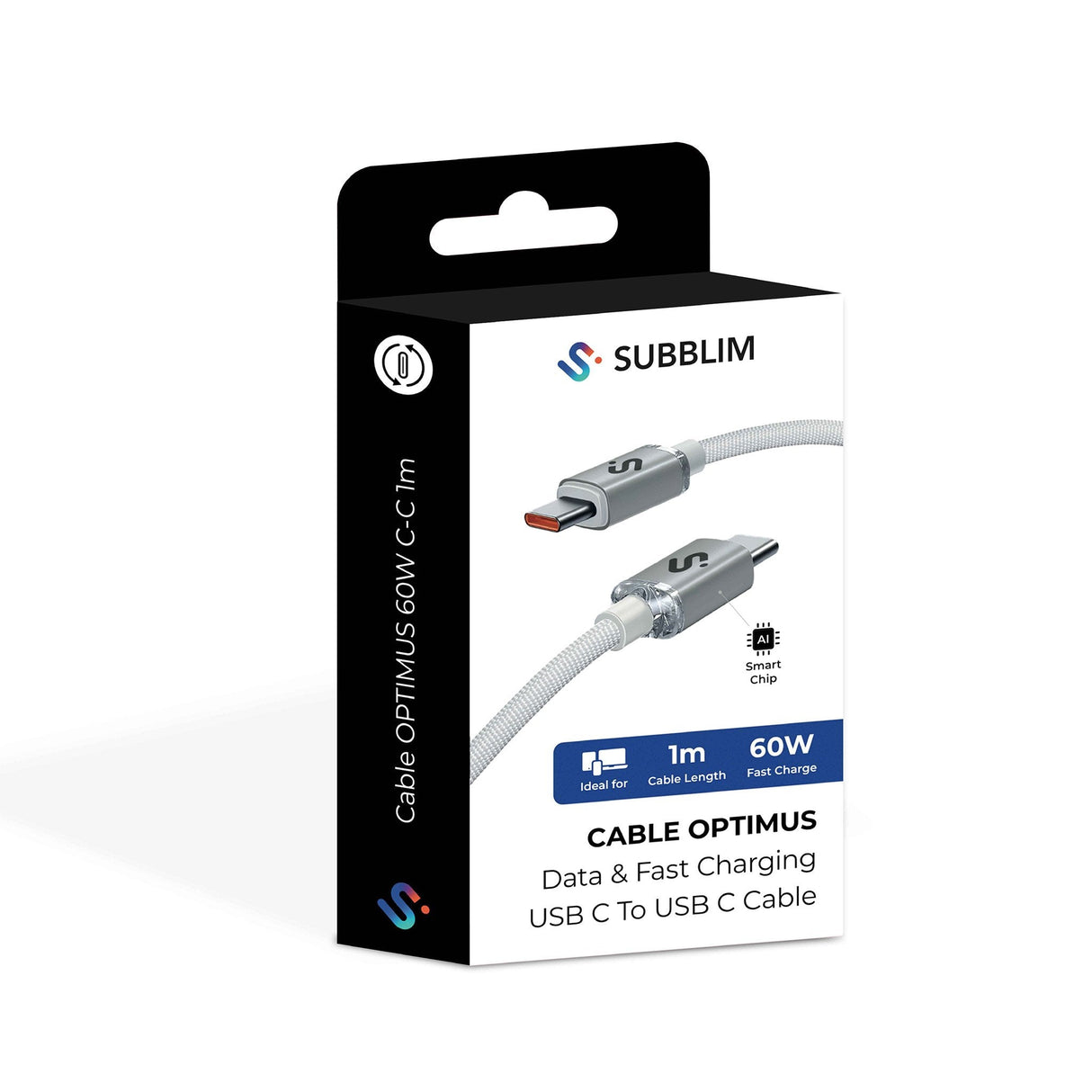 Cable Optimus 60w Usb-C/Usb-C 1 M Blanco Subblim 60w/ Longitud: 1m/  Usb-C &Harr; Usb-C/ Pd