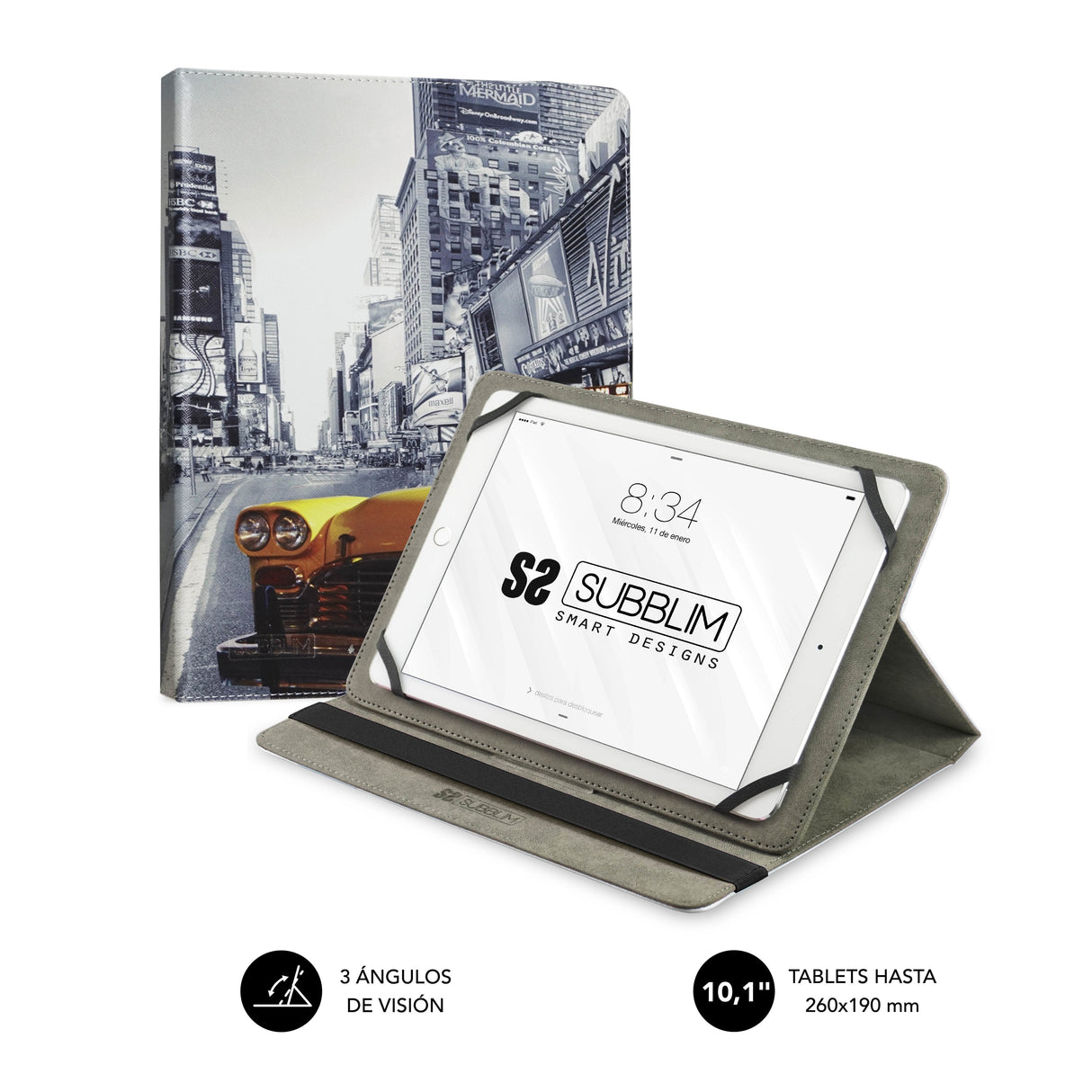 Funda Universal Subblim Trendy Ny Taxi Para Tablet Hasta 10.1'/25.6cm Rotación 360º Exterior Símil Piel Interior Aterciopelado Cierre Banda