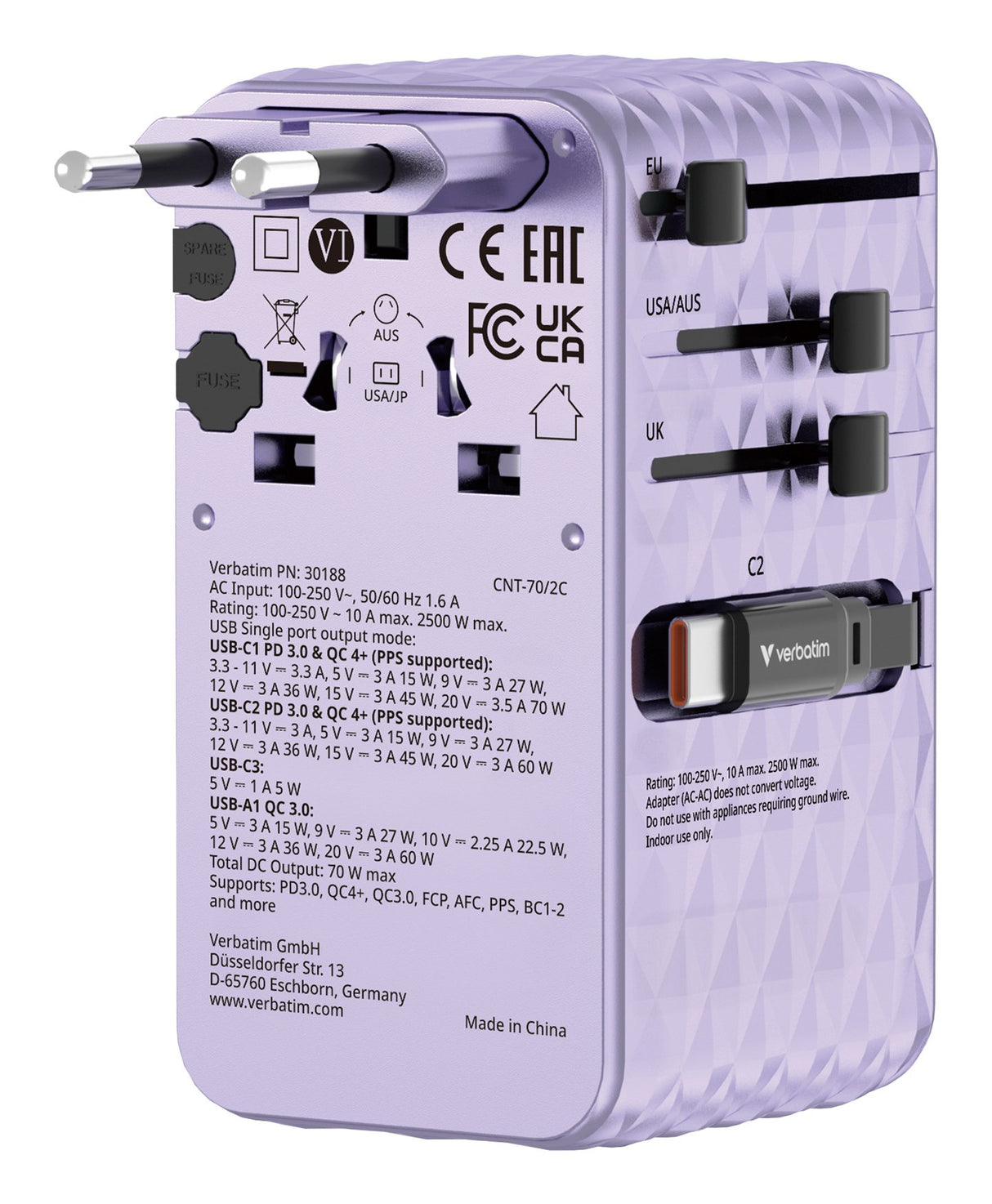 EAN 23942301882 - Verbatim Charge 'n' Travel 70W Universal Púrpura Corriente alterna Carga rápida Interior imagen 1