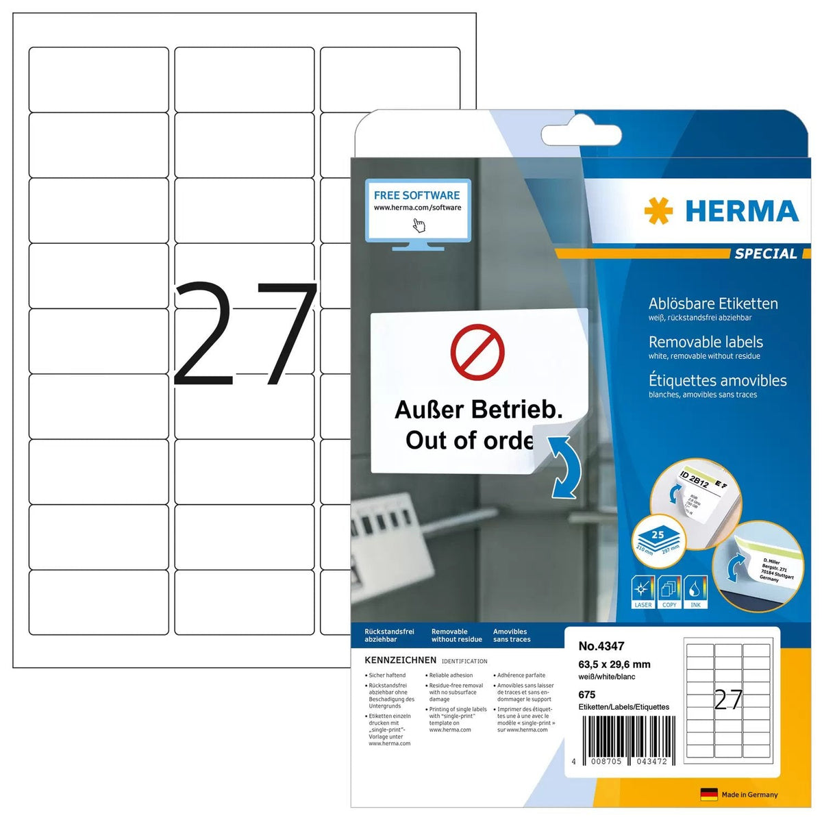 Etiquetas Herma A4 Blanco 63,5x29,6 Mm Papel Removible 675 Uds.