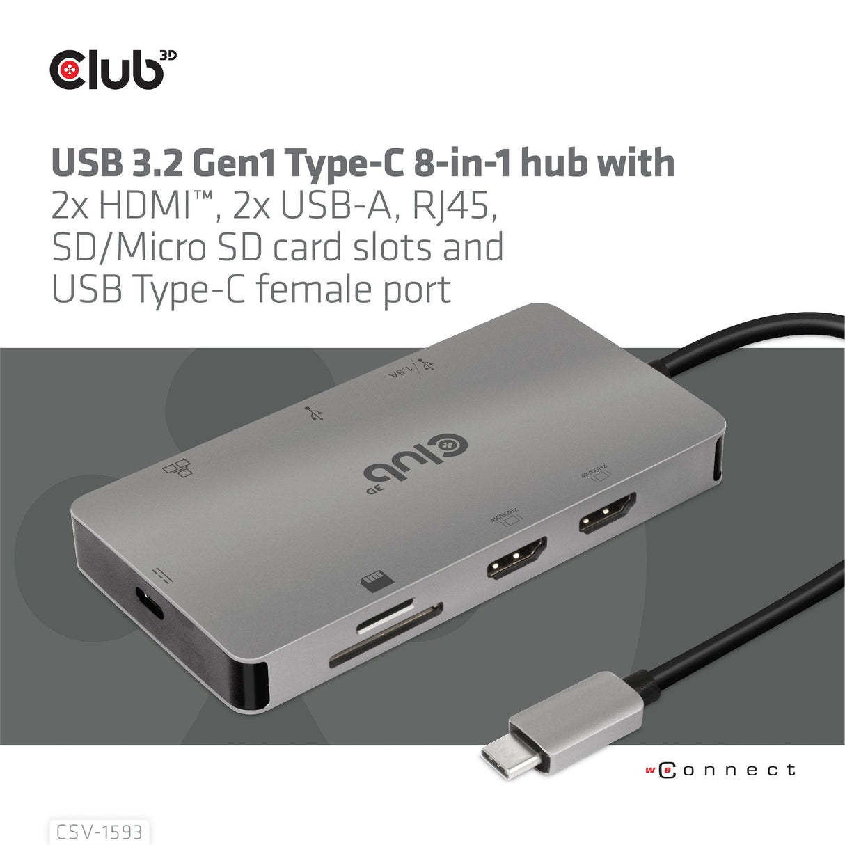 Club-3d Multistream Hub Usb 3.2 Gen1 Usb-C-> 2xhdmi, 2xusba, 1xsd, 1xmsd, 1xrj