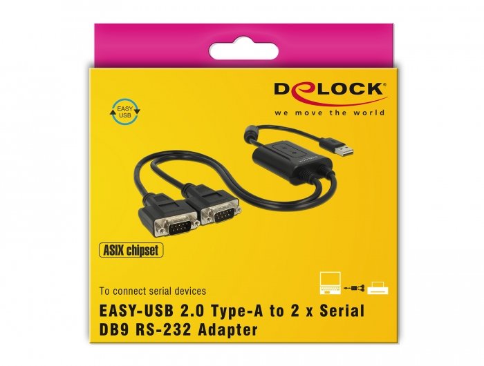 Cable De Adaptador Delock Easy-Usb 2.0, Conector Usb-A> 2x En Serie Rs-232 Rs-232, Black Cable, 0.6 Metros 63950