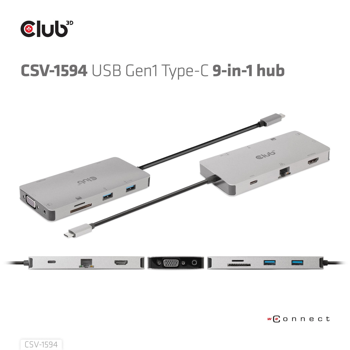 Club3d Usb-9-In1-Hub Usb-C > Hdmi/Vga/2xusb/Usb-C/Rj45/Sd Retail