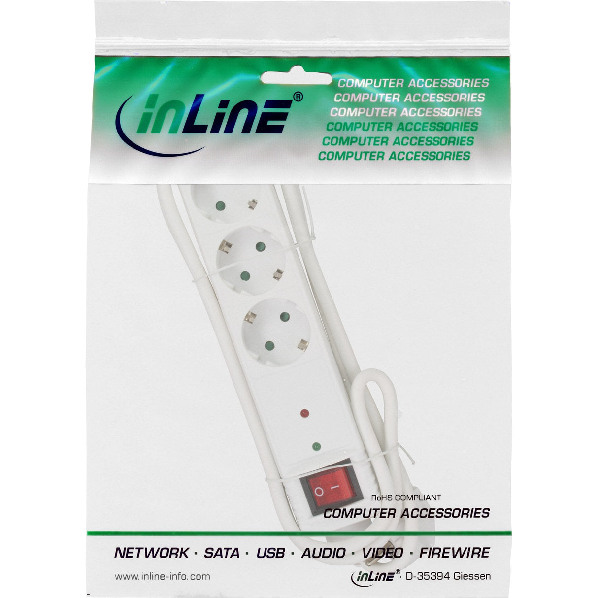 Inline Regleta 3 Tomas 3x Tipo F Con Protección Oc E Interruptor Blanco 1.5m