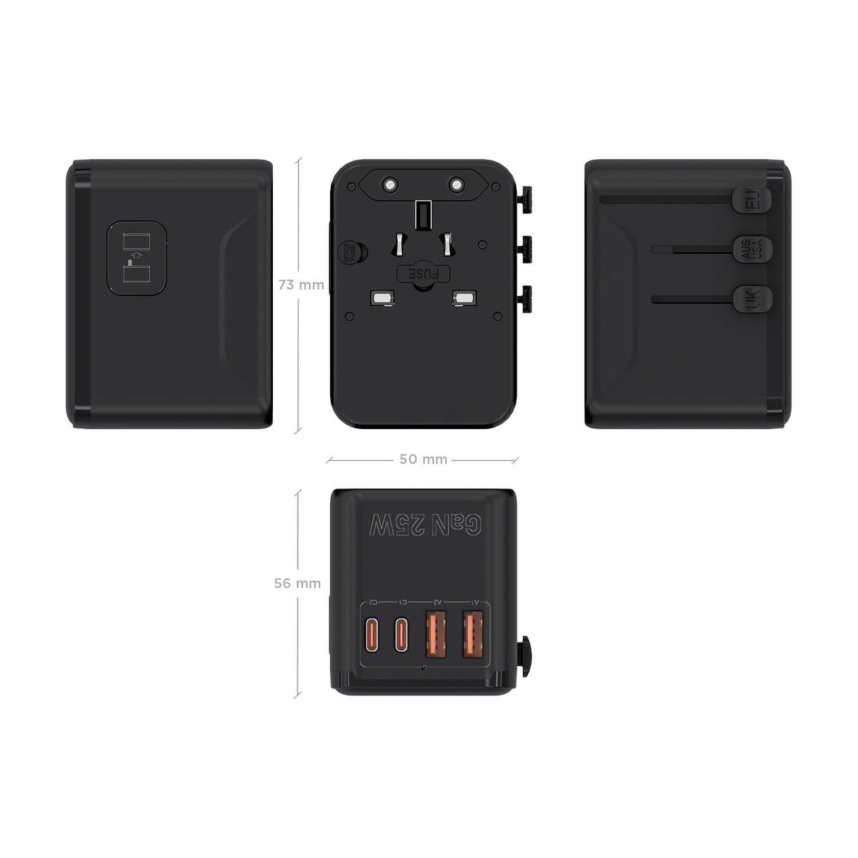 Aisens Adaptador Enchufe Universal Para Viaje Eu/Usa/Uk/Au Con Cargador Usb Gan, 2xusb-A Qc3.0, 2xusb-C Pd3.0 25w, Negro