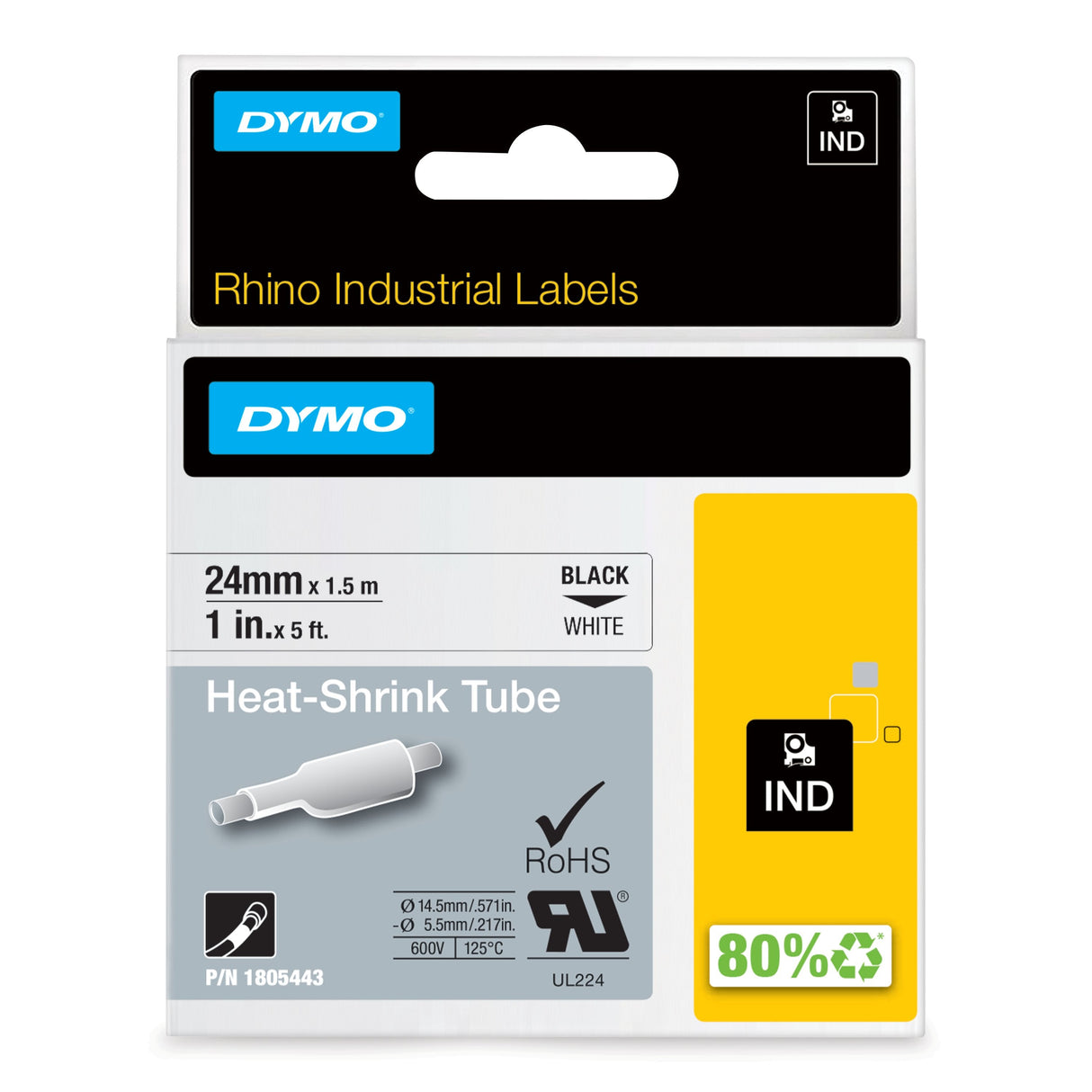 Dymo Rhino Cinta  Id1-24, Negro Sobre Blanco 24mmx1´5m, Tubo Termorretractil - 1805443