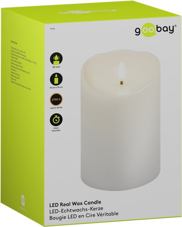 Vela Led De Cera Auténtica, Blanca, 10 X 15 Cm 
Con Temporizador Y Cono De Llama 3d, Funciona Con Pilas, Luz Blanca Cálida