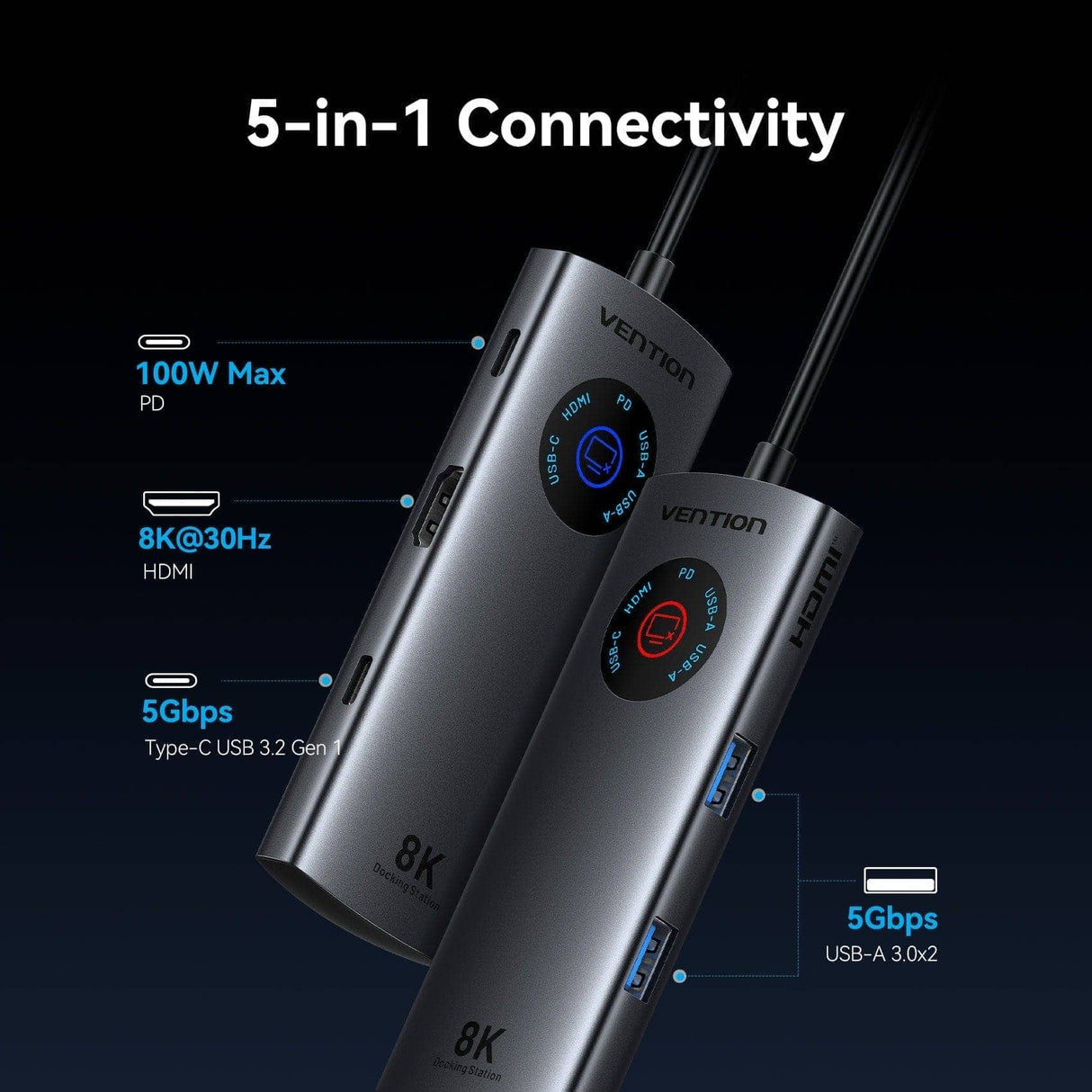 Docking Usb Tipo-C Vention Tqxhb 2xusb 1xusb Tipo-C 1xhdmi 1xusb Tipo-C Pd Gris
