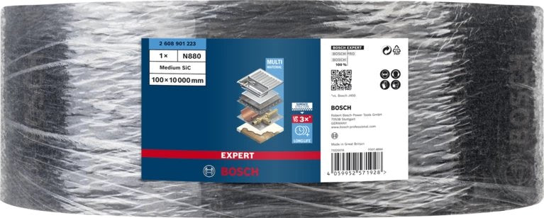 Bosch Professional Rollo De Fieltro Expert N880 Medium S, 100 Mm X 10 M, Hoja De Lija Negra, Rollo De 10 Metros, Para Lijado A Mano 2608901223