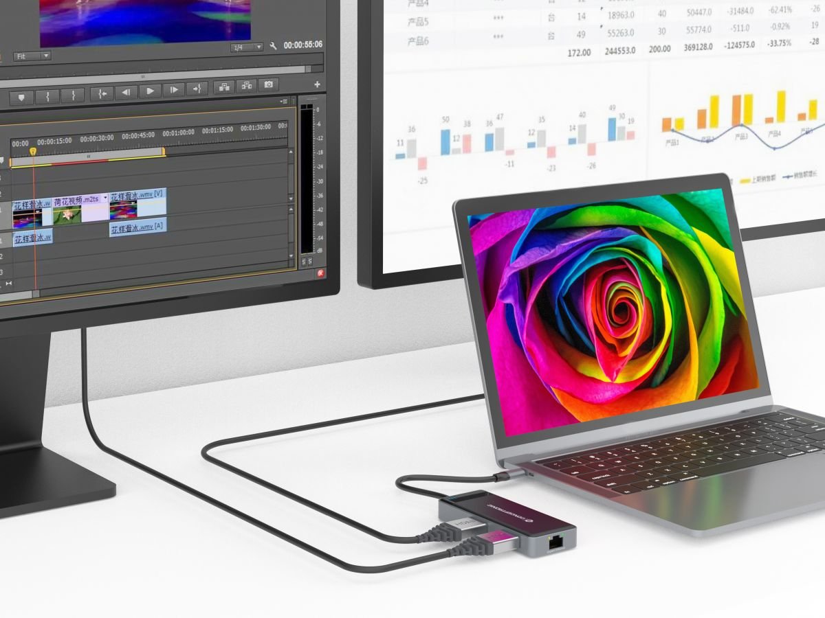 Adaptador Usb-C 7in1 Conceptronic Hdmix2  Usb-C Pd 100w Usb-A  Rj45 Gigabit Donn14g