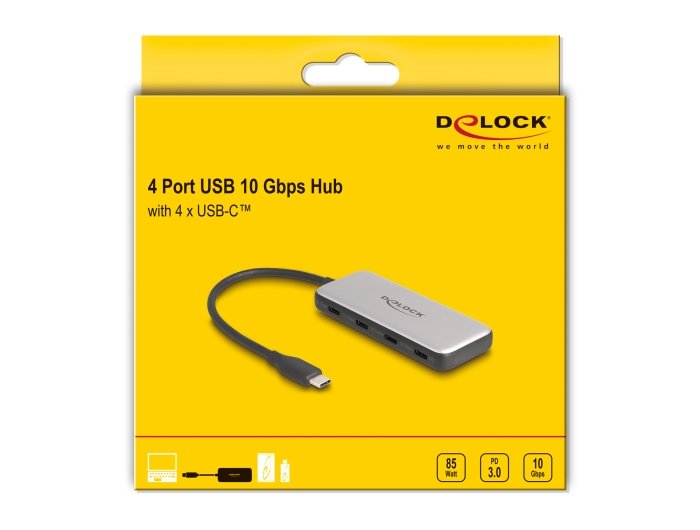 Delock 64261 Concentrador Usb Type-C De Usb 10 Gbps Con 4 X Usb Type-C Hembra Y Pd De 85 Vatios
