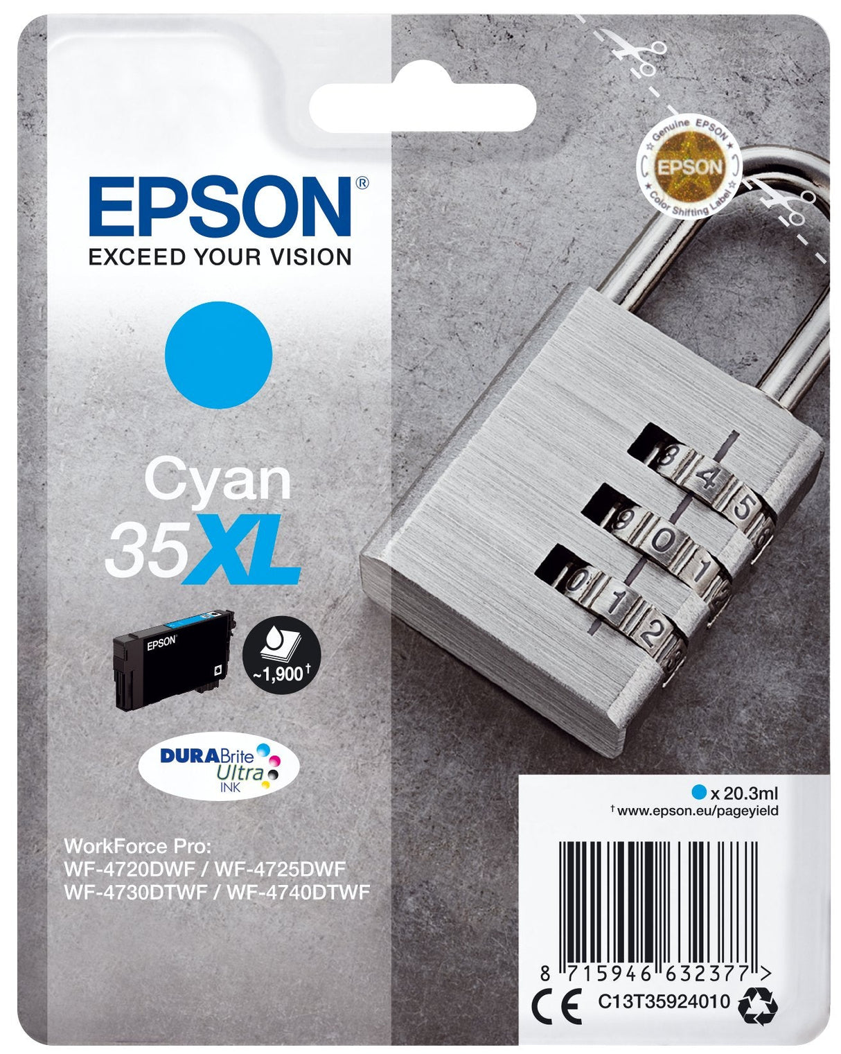 EAN 8715946632377 - Epson Padlock C13T35924010 cartucho de tinta 1 pieza(s) Original Alto rendimiento (XL) Cian imagen 1