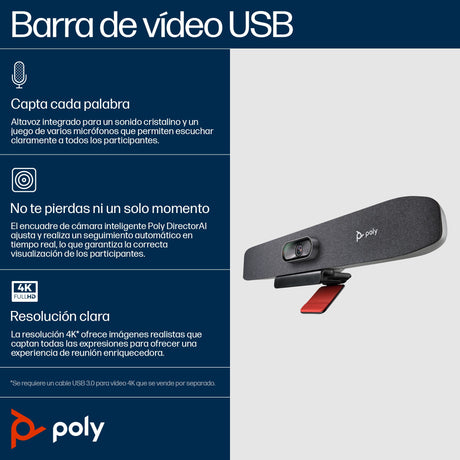 EAN 0198122178179 - HP Poly Studio R30 USB Video Bar and BT Remote with HP USB-C Dock G5 (ABB) Negro 3840 x 2160 Pixeles imagen 5