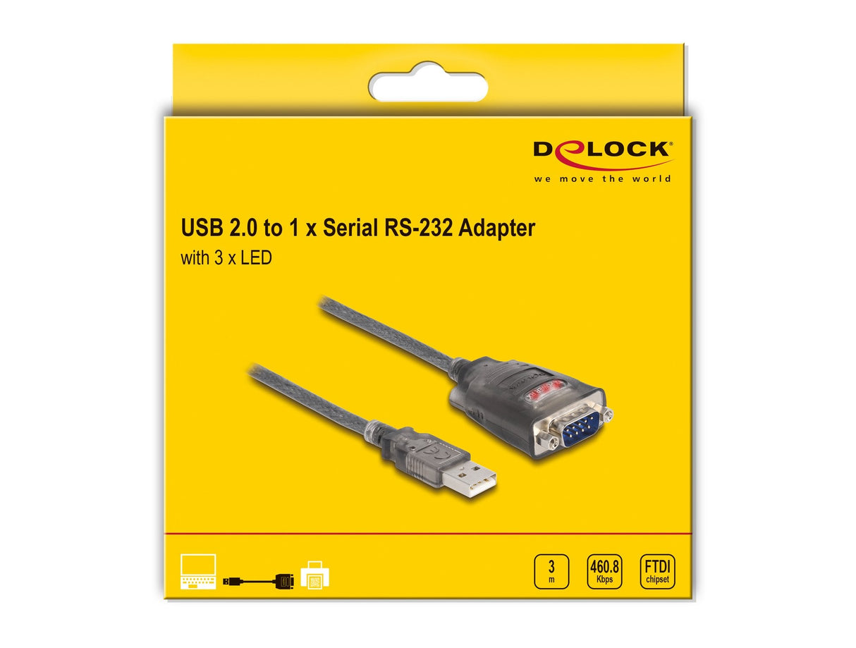 Delock 61548 Adaptador Usb 2.0 Tipo-A A 1 X Serial Rs-232 D-Sub 9 Pin Macho Con Tuercas Con 3 X Led 3 M