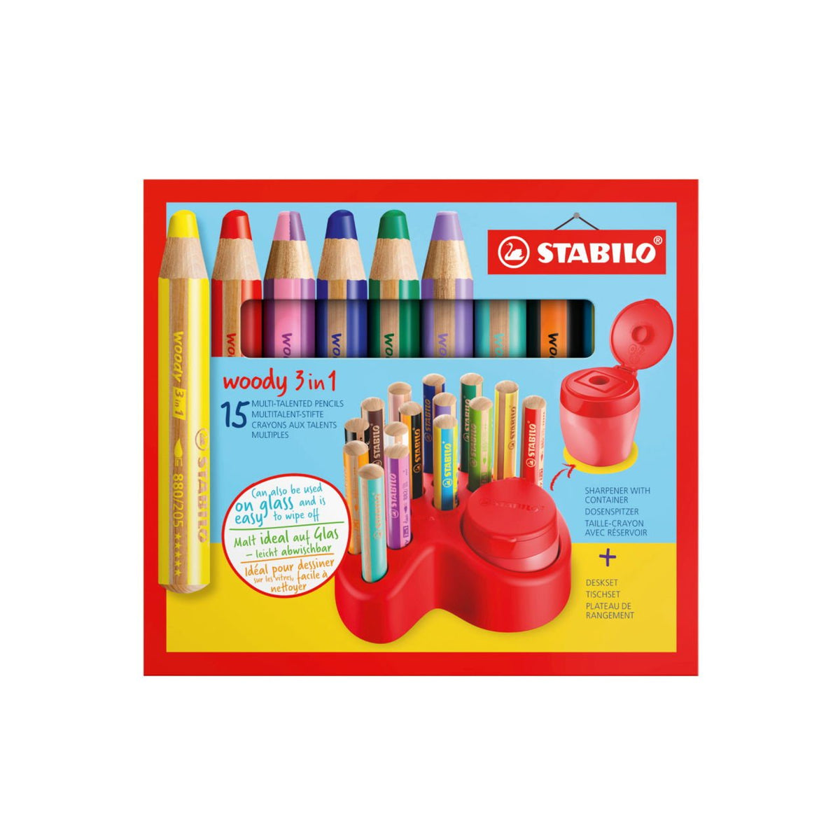 Stabilo Set De Mesa Woddy 3 En 1 15 Lapices De Colores + Sacapuntas Con Deposito - 10x Woody 3 En 1, 2x Woody 3 En 1