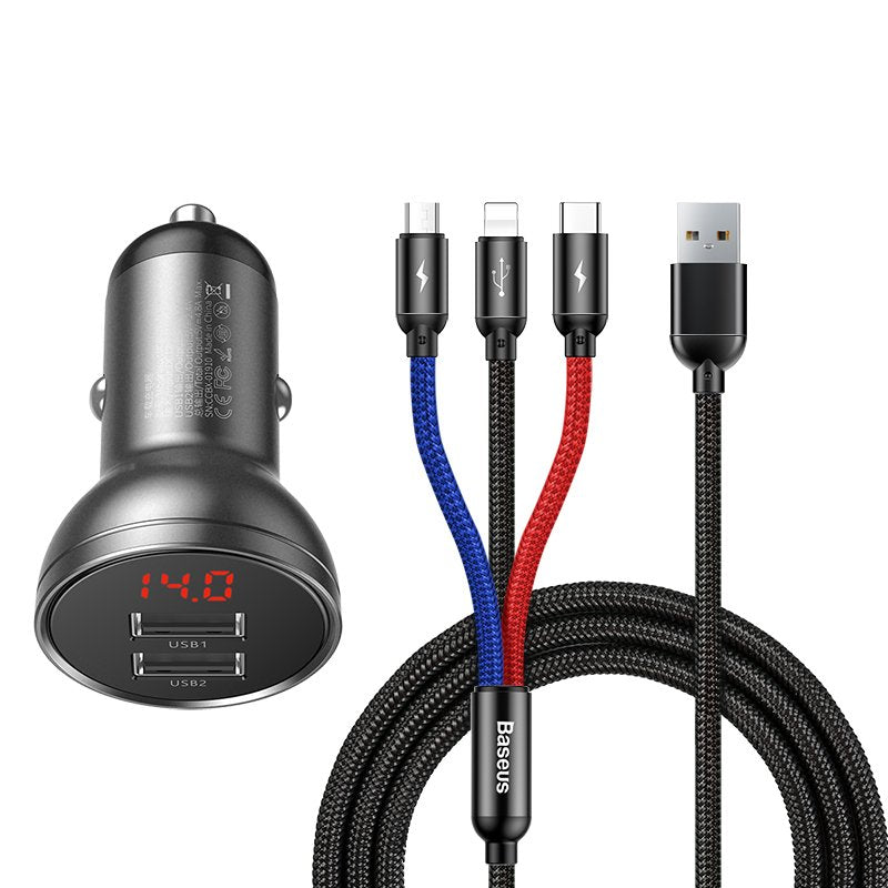 Cargador Coche Baseus 24 W + Cable Usb 3en1 Tzccbx-0g