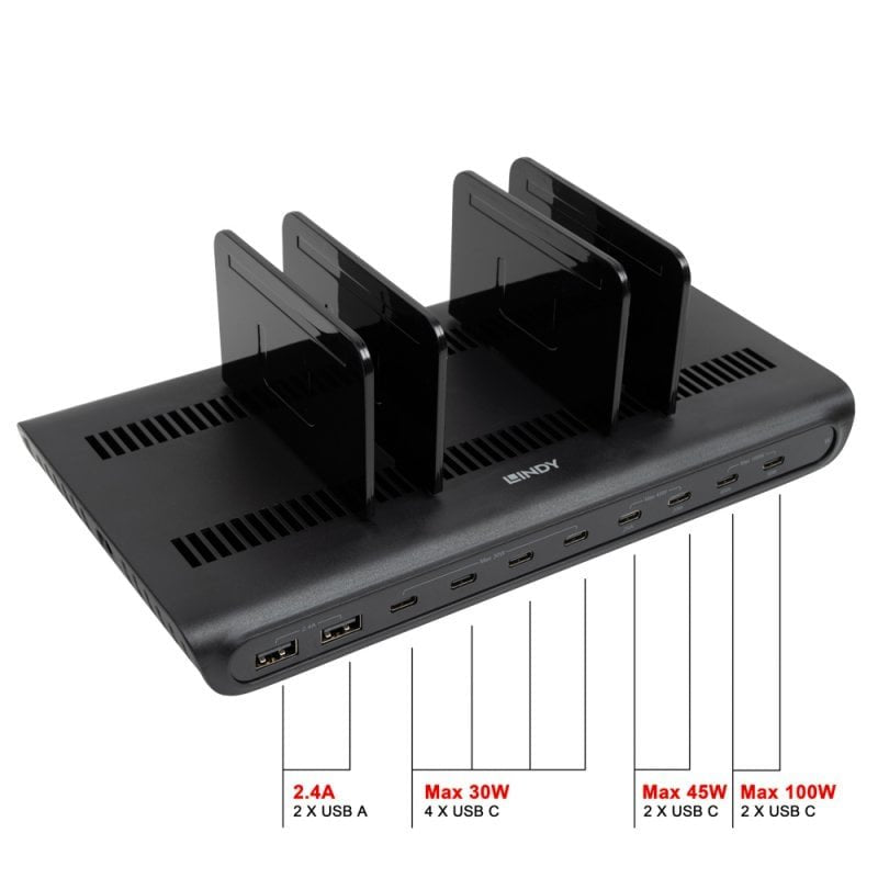 Lindy 10-Port Usb-Estación De Carga 240w, 8xusb-C Pd & 2x Usb-A