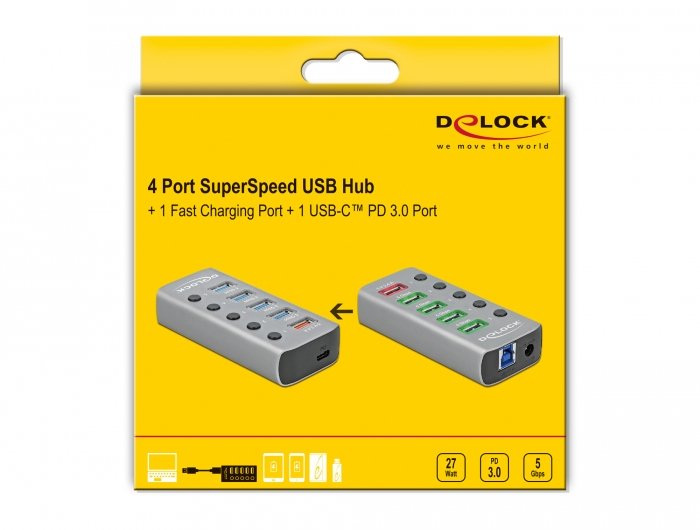 Delock Hub Usb 3.2gen1 4port +Schnellladeport +Usb-C Pd 3.0