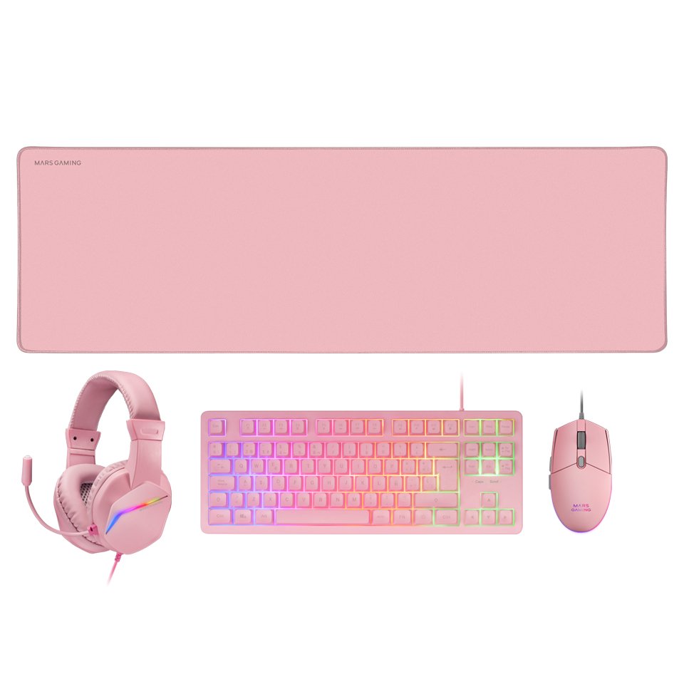 Combo Pack Mcprgb3 Rosa Mars Gaming Alfombrilla Xxl + Teclado Tkl H-Mech Frgb + Ratón Rgb Flow Con Hasta 3200dpi + Auriculares Frgb Rainbow