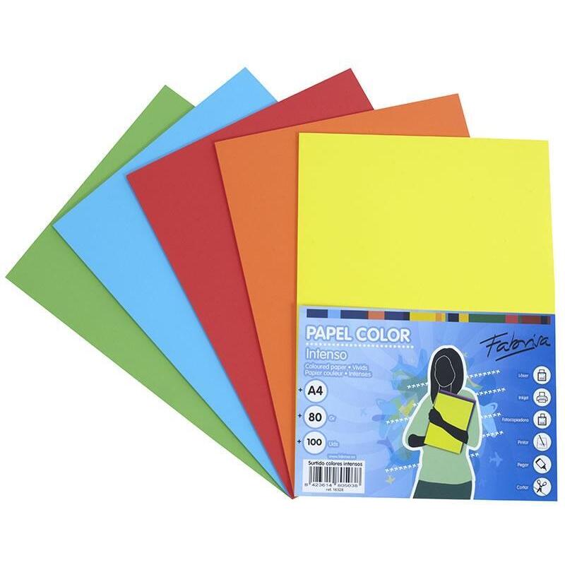 Fabrisa Paquete Papel De 100 Hojas Retractilado 5 Colores Fuertes Dina4 Surtidos 80gr