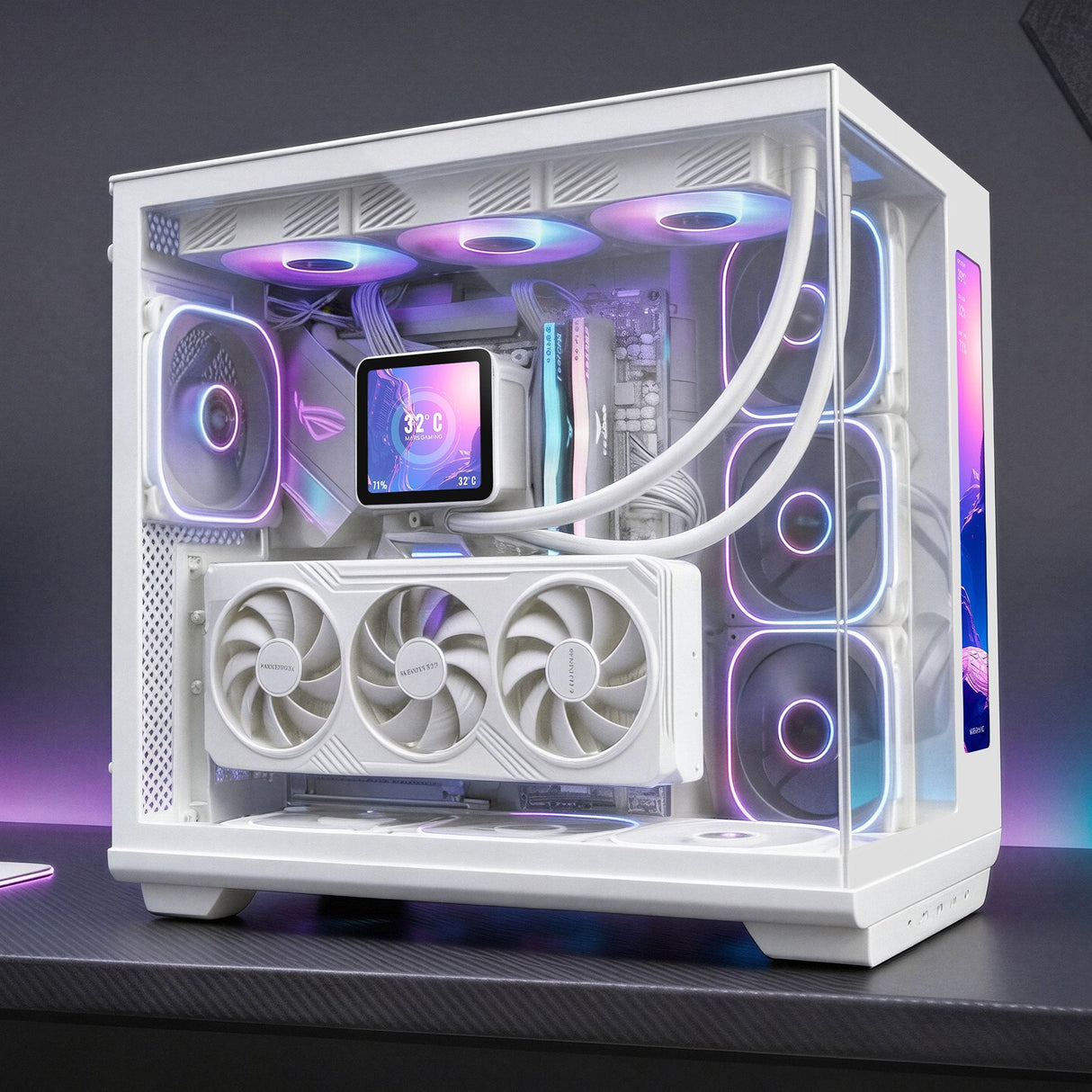 Caja Pc  Atx Mars Gaming Mc-Revmaxw Pantalla Lcd 11.8" Cristal Templado 4x Ventiladores Argb Blanco