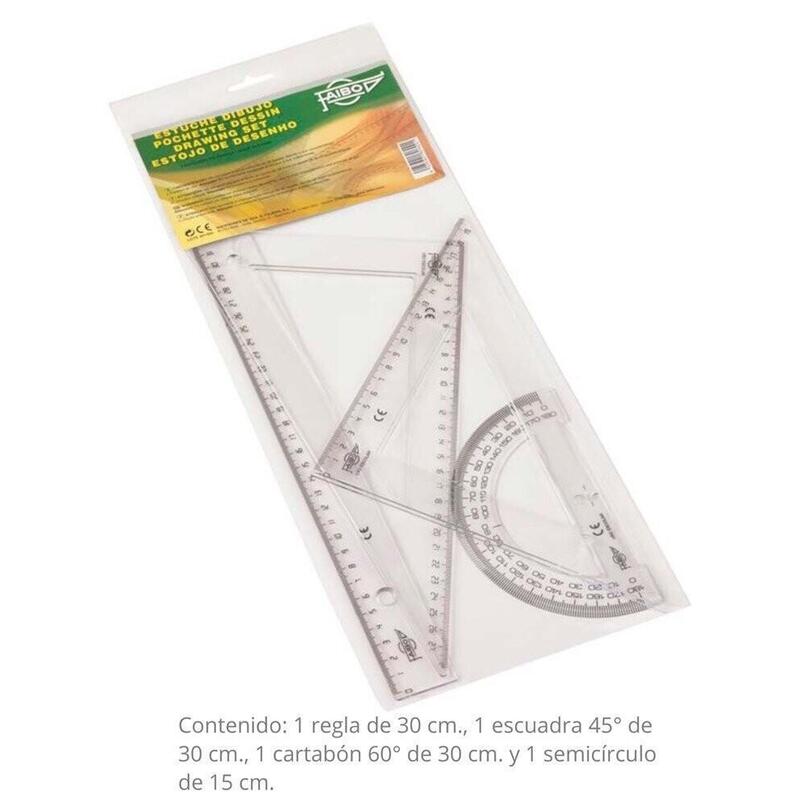 Faibo Bolsa Estuche 4 Pieza Regla, Escuadra, Cartabón Y Semicirculo Transparente