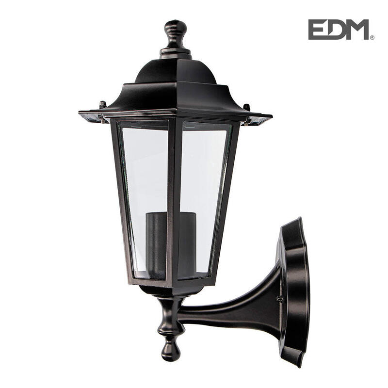 Farol Aluminio Y Cristal Pared Negro 34x17x11cm 1xe27 Edm Mod. Zurich Ip44 Bombilla No Incluida