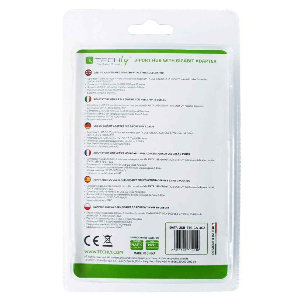 Techly Idata Usb-Etgiga-3c2 Tarjeta De Red/Adaptador Usb-C A Rj45 Gigabit, Hub 3x Usb 3.0