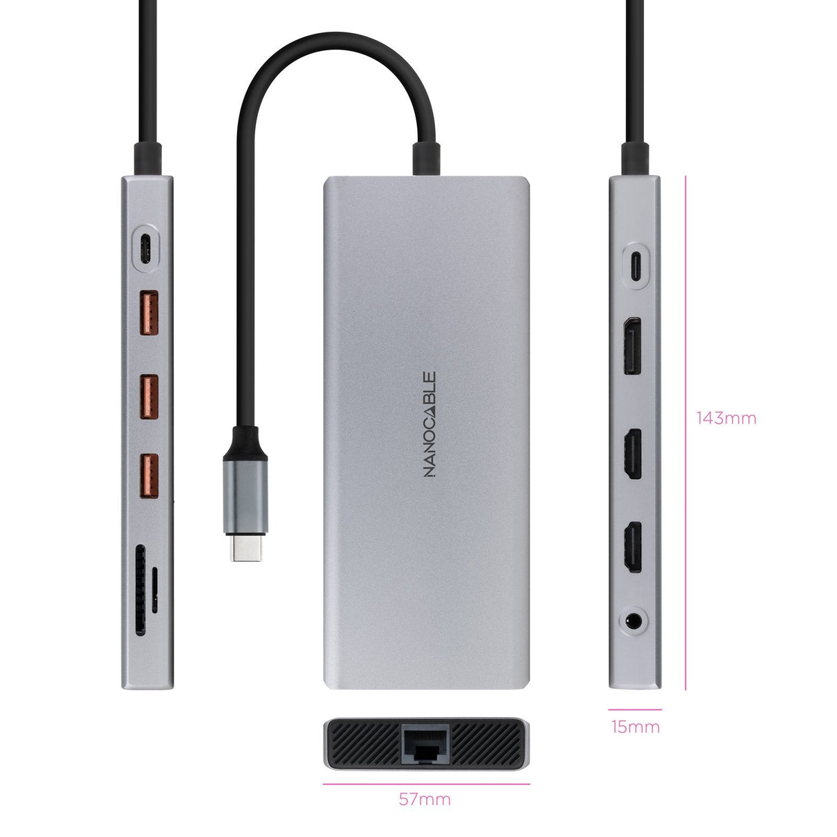 Docking Tipo-C Nanocable 10.16.4612 3xusb 1xusb Tipo-C 2xhdmi 4k 1xdisplayport 1xrj45 1xlector Tarjetas 1xjack 3.5 1xusb Tipo-C Pd Gris