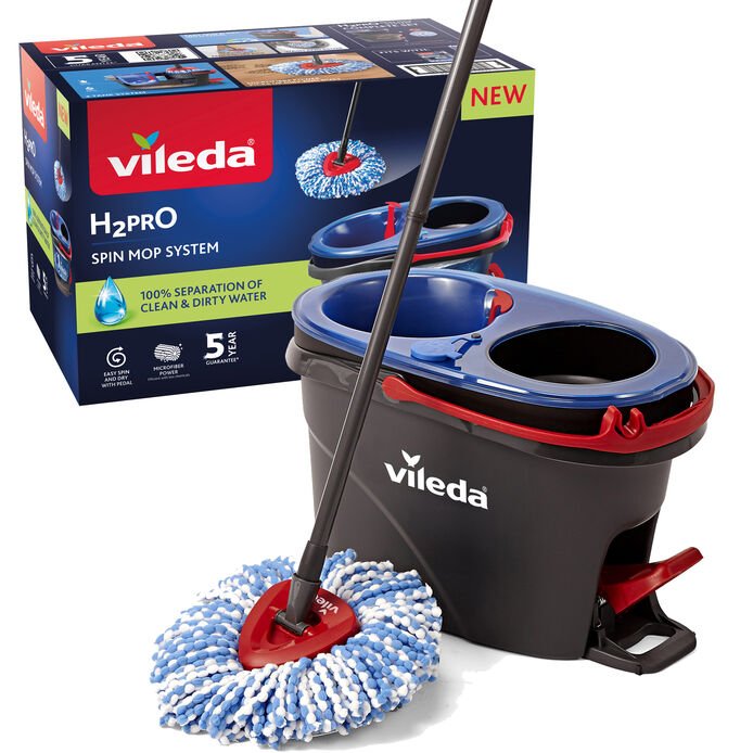 Vileda H2pro Spin Mop Set, Bodenwiper Negro/Rojo, Con Un Sistema De Dos Tancos Y Mango Telescópico 178333