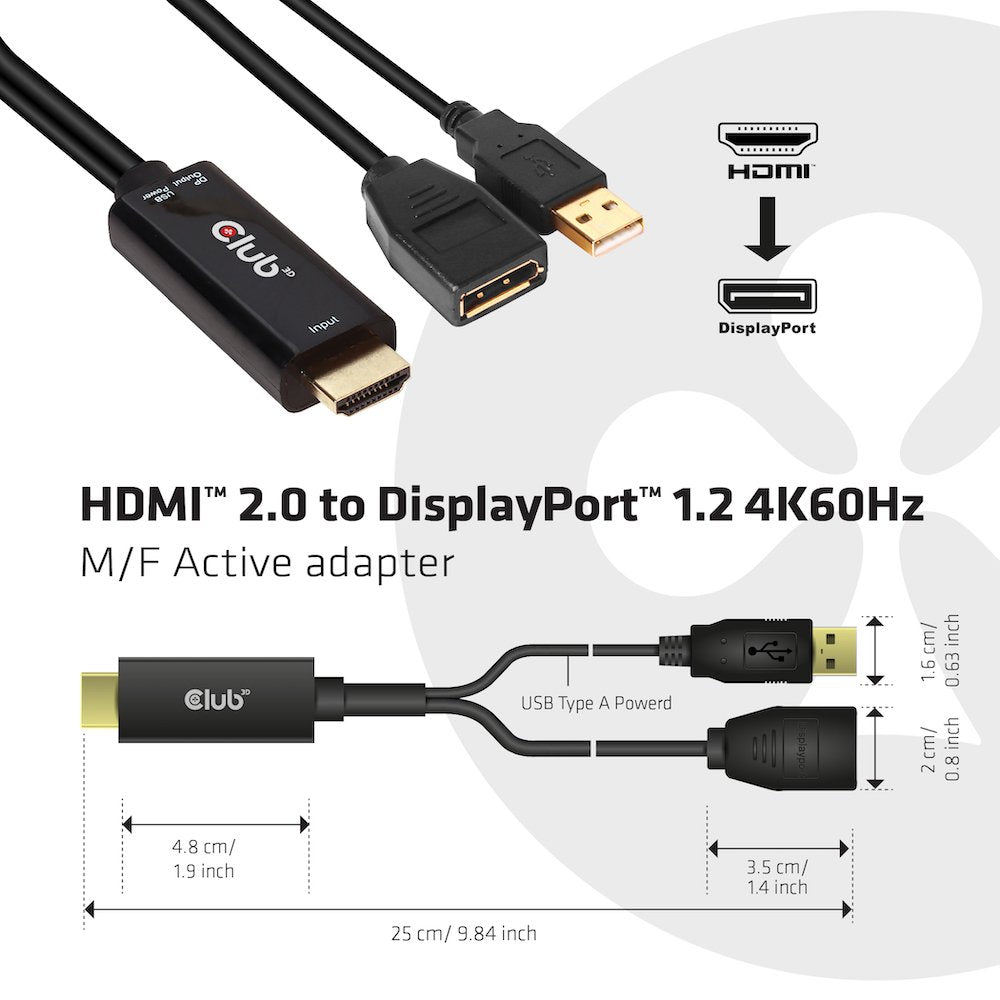 EAN 8719214471484 - CLUB3D HDMI 2.0 TO DISPLAYPORT 1.2 4K60HZ HDR M/F ACTIVE ADAPTER Negro imagen 2