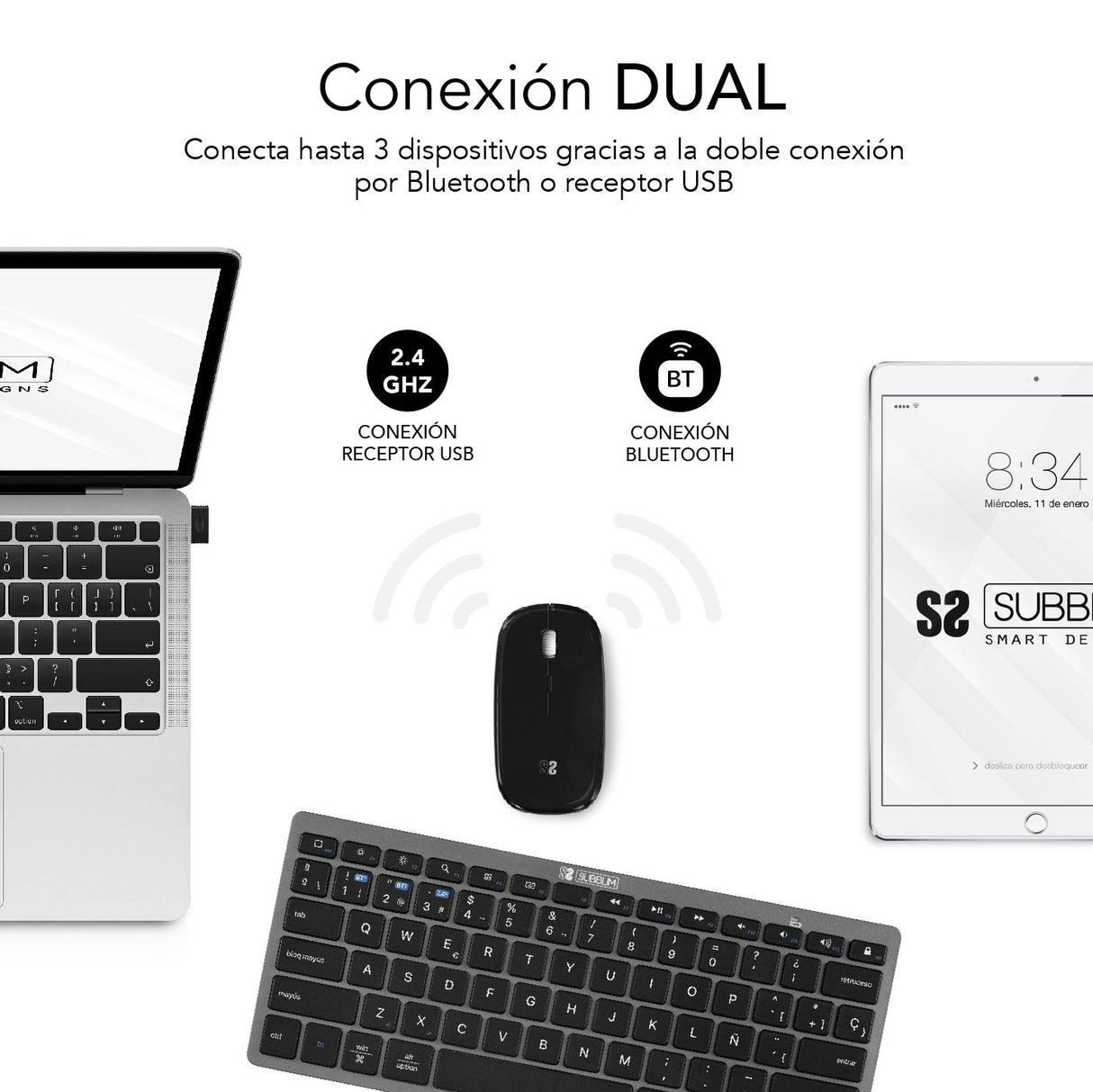 Teclado Y Ratón Inalámbrico Por Bluetooth Subblim Oco020 Combo Multidispositivo Compacto  Gris