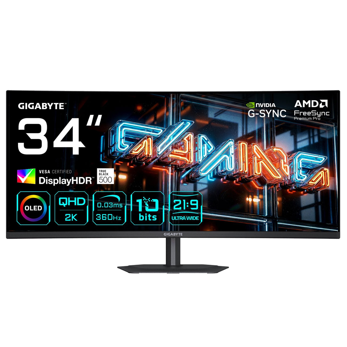 Gigabyte Mo34wqc36 Monitor Gaming Curvo 34 Wqhd - 3440 X 1440, 360hz, 0.03ms, Kvm, 300 Cd/M², Freesync Premium Pro, Displayhdr True Black 500, Hdmi 2.1, Displayport 2.1
