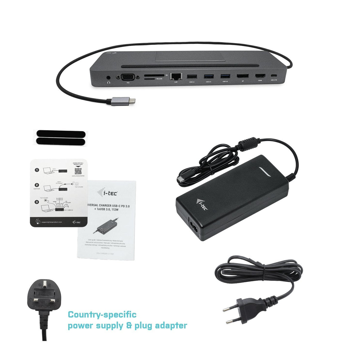I-Tec Usb-C Metal Ergonomic 4k 3x Display Docking Station With Power Delivery 85 W + I-Tec Universal Charger 112 W