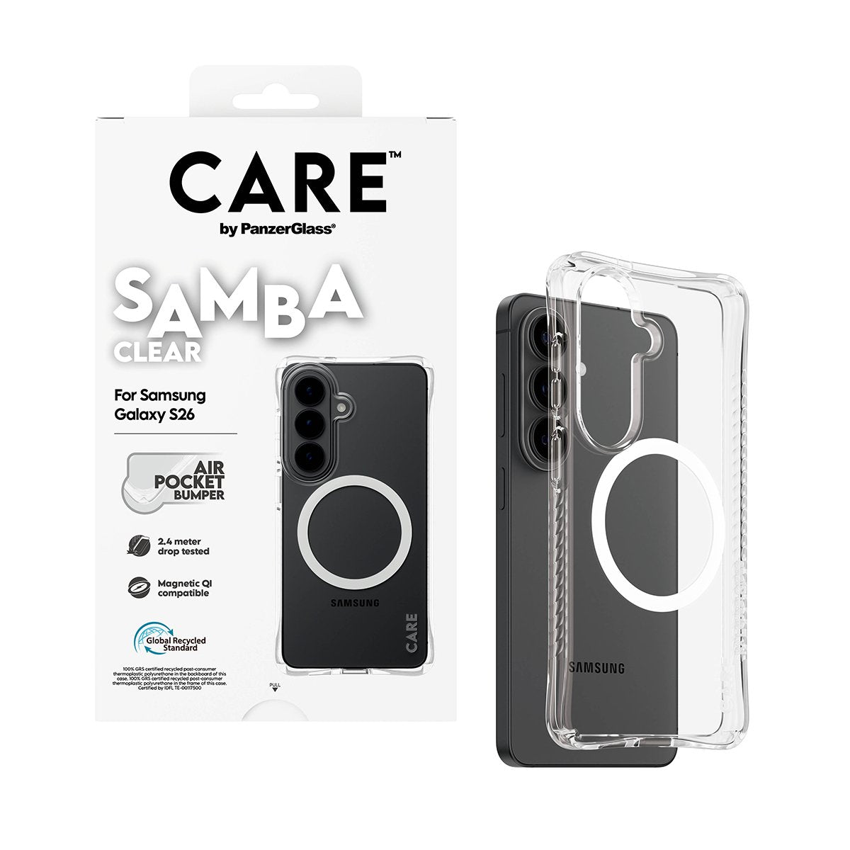 Panzerglass Care By ® Samba Case Transparente M. Blanco Qi Samsung Galaxy S26, Cover, Samsung, Samsung - Galaxy S26, 16 Cm (6.3"), Transparente
