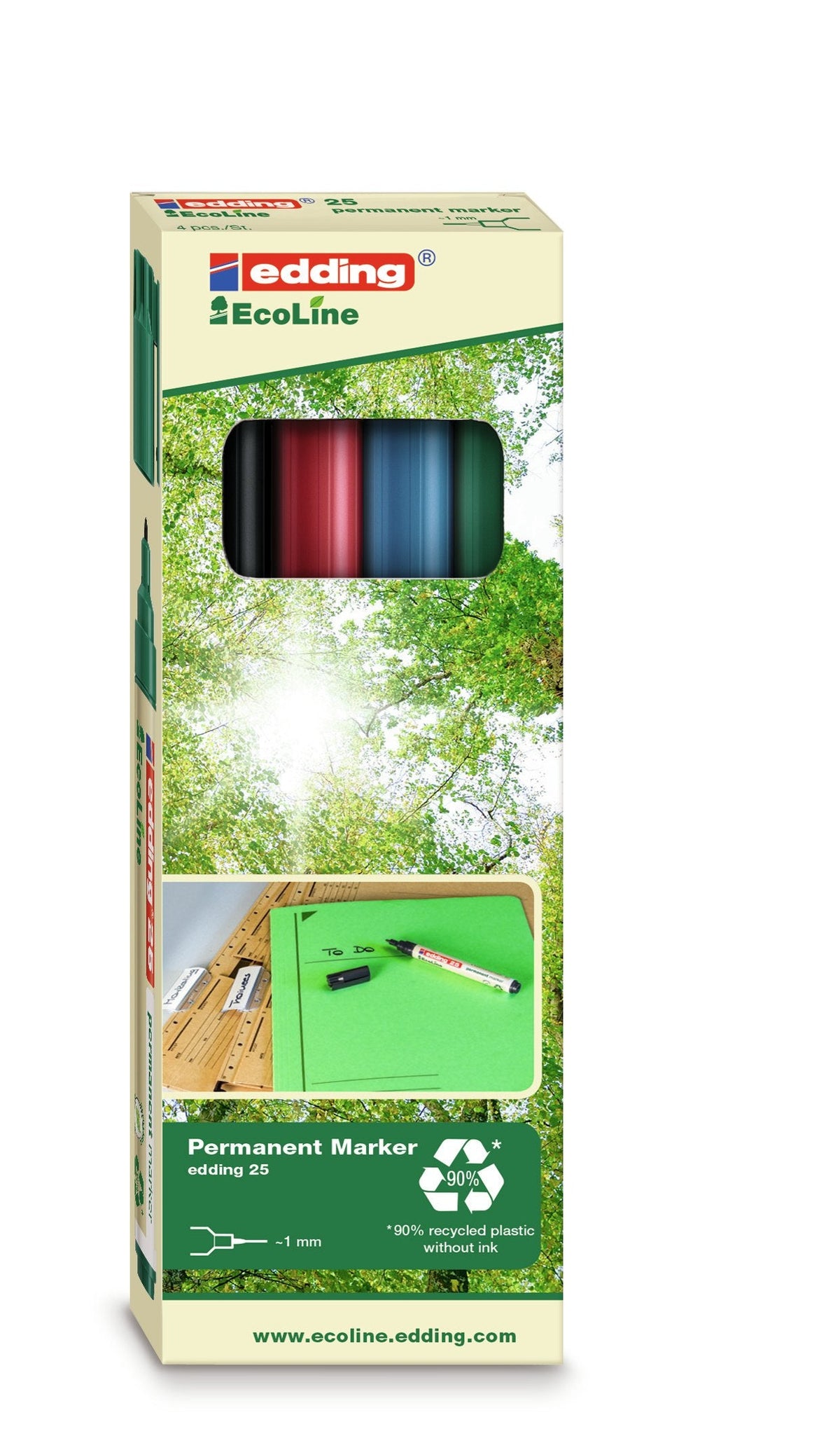 Edding 25 Ecoline Pack De 4 Rotuladores Permanentes - Punta Redonda Fina - Trazo 1mm - 90% De Plastico Reciclado -