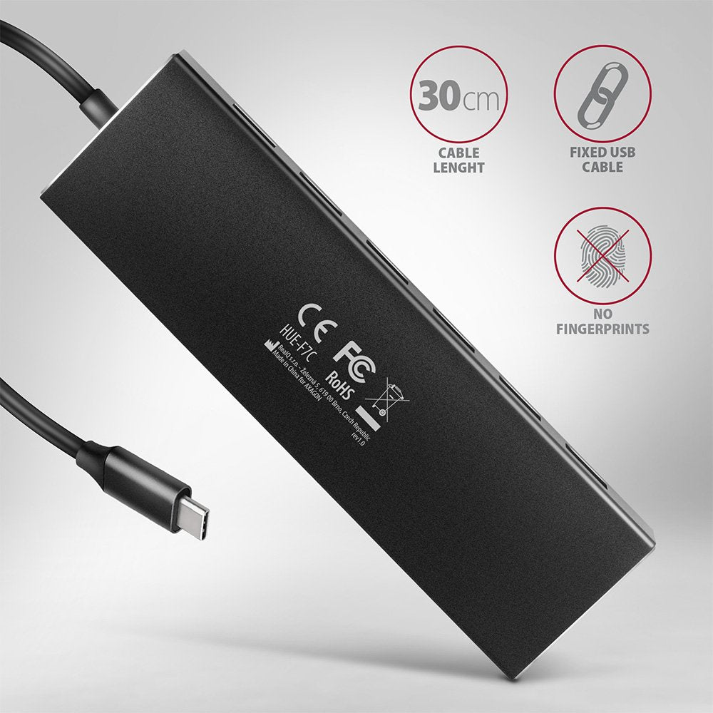Axagon Hue-F7a 7x Usb 3.2 Gen 1 Aluminium Flat Hub, 30 Cm Usb-C-Cable