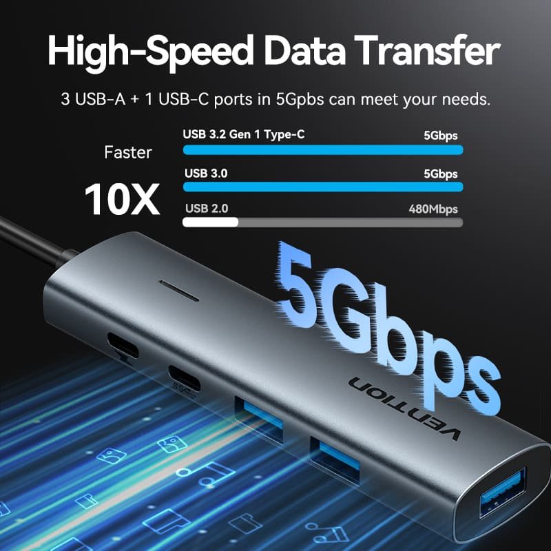 Hub Usb 3.0 Vention Tgxhb 1xusb Tipo-C 3xusb 1xusb Tipo-C Pd Gris