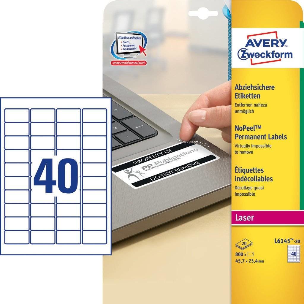 Avery Zweckform L6145-20 Etiqueta Autoadhesiva Blanco Rectángulo Redondeado Permanente 800 Pieza(S)