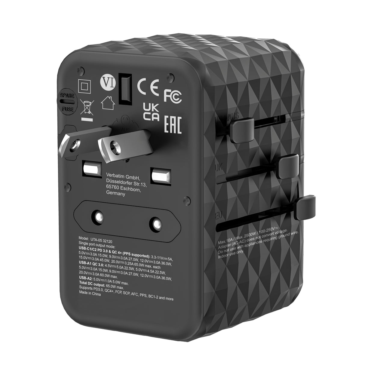 Cargador De Pared Universal Verbatim Uta-05 Gan Iii Toma De Corriente Universal 2xusb Tipo-C 2xusb 65w