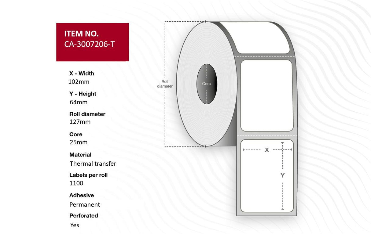 Label 102 X 64mm Core 25mm, - Thermal Transfer, Coated, - Permanent, Perforated, 1100 Labels Per Roll, 4 Rolls Per Box - Warranty: 12m
