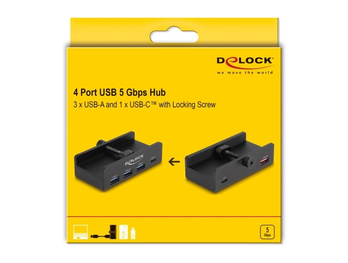 Delock Externer Usb 5 Gbps 4 Port Hub 3 X Usb Typ-A Und 1 X Usb Type-C? Mit Feststellschraube (Negro) 64284
