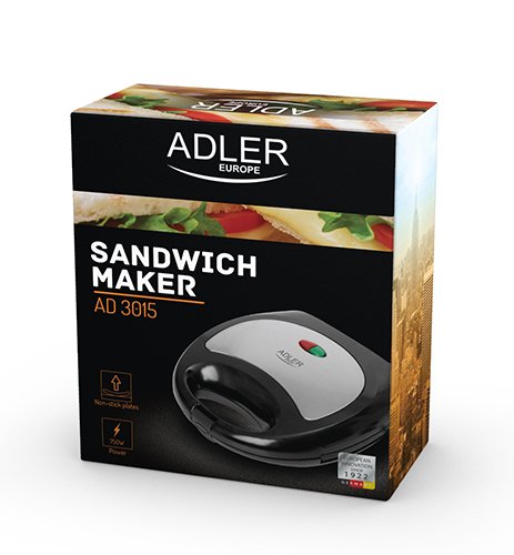 Sandwichera Adler Ad 3015, 750 W Negro, Plata