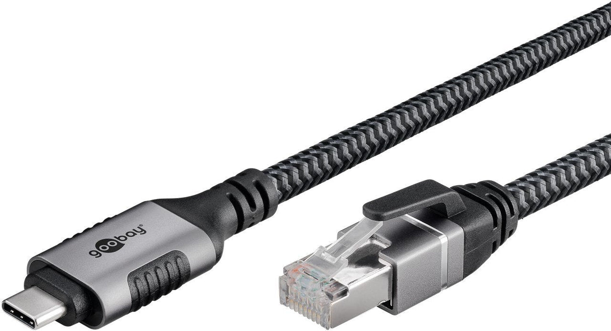Cable Ethernet Goobay Usb-C 3.2 Gen2 Macho > Rj-45 Macho, Adaptador Lan Negro Plata, 7,5 Metros, Cubierta Textil Trenzada 70753