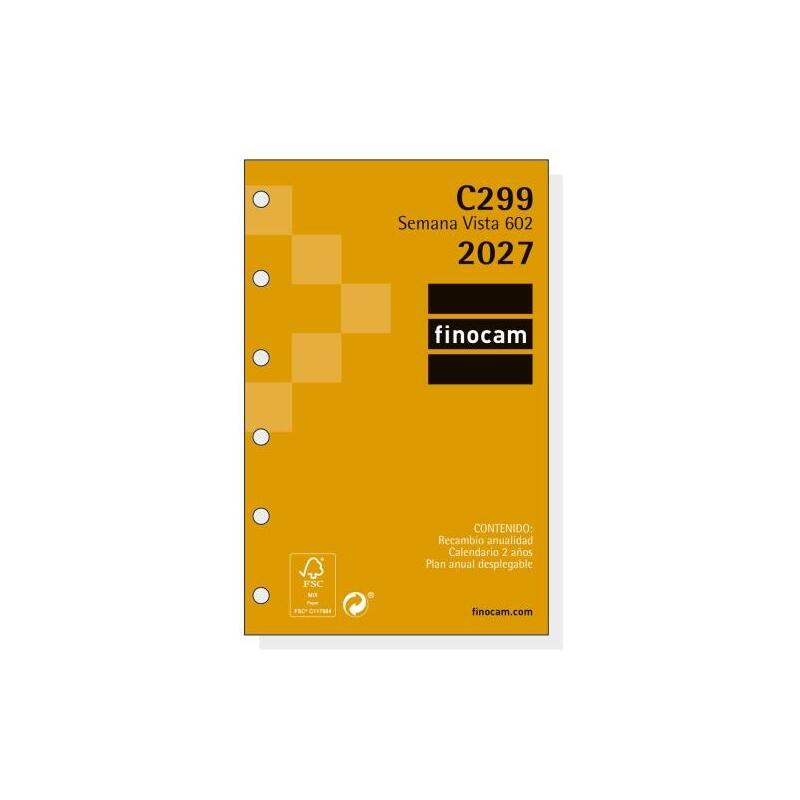 Finocam C299 Recambio Para Agenda Classic - Anual 2027 - Semana Vista Horizontal - Formato 602 - 73x114mm - 6 Taladros