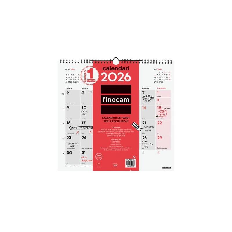 Finocam Calendario De Pared En Catalan - Anual 2026 - 340x5x330mm - Espacio Para Escribir - Blanco Y Rojo