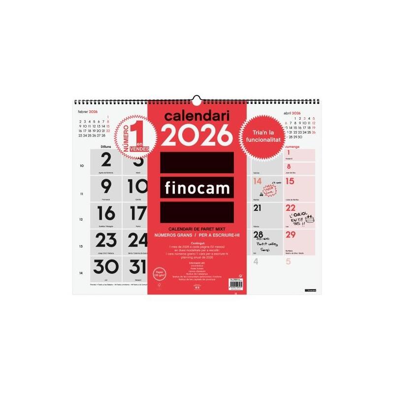 Finocam Calendario De Pared En Catalan - Anual 2026 - Espacio Para Escribir - Formato Xl - 540x5x430mm - Numeros